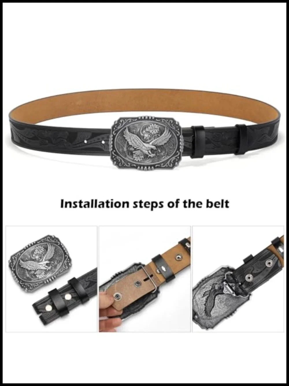 Men's Western Cowboy Leather Belt with Removable Floral Engraved Buckle